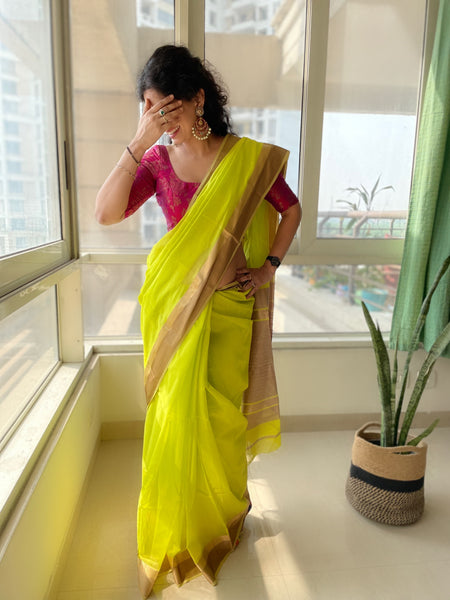 LIME GREEN - Handwoven Maheshwari Cotton Silk Saree with woven border