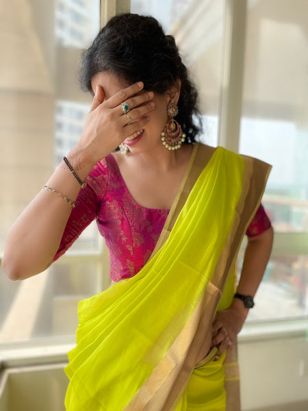 LIME GREEN - Handwoven Maheshwari Cotton Silk Saree with woven border