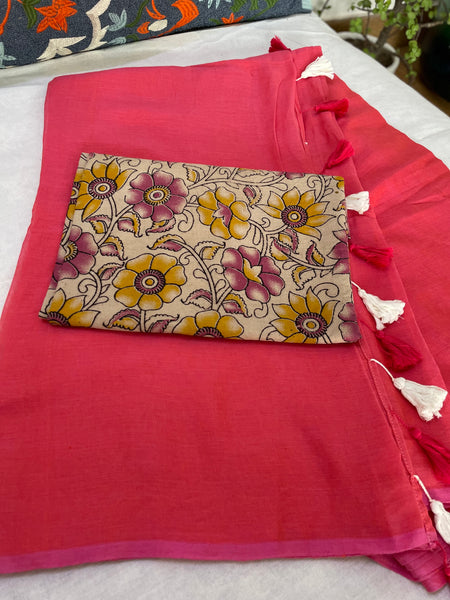 Plain Mul Cotton Saree - Carrot color