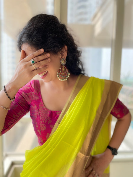 LIME GREEN - Handwoven Maheshwari Cotton Silk Saree with woven border