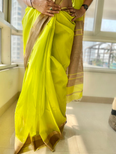 LIME GREEN - Handwoven Maheshwari Cotton Silk Saree with woven border