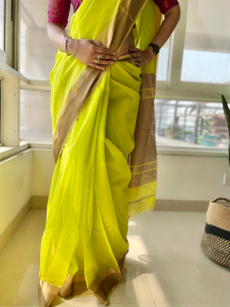 LIME GREEN - Handwoven Maheshwari Cotton Silk Saree with woven border
