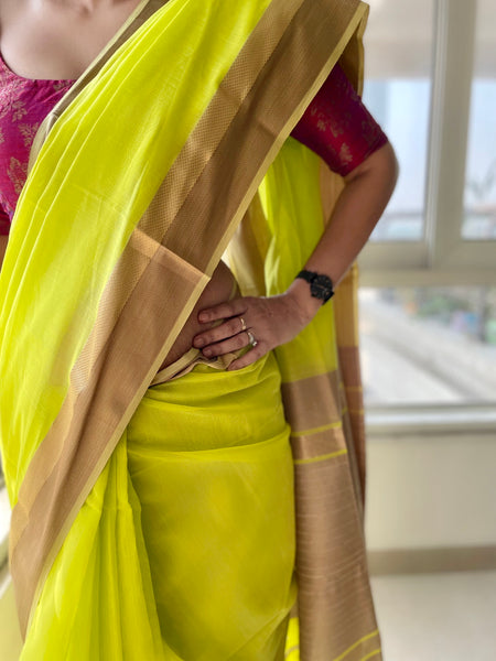 LIME GREEN - Handwoven Maheshwari Cotton Silk Saree with woven border