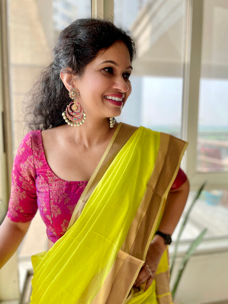 LIME GREEN - Handwoven Maheshwari Cotton Silk Saree with woven border
