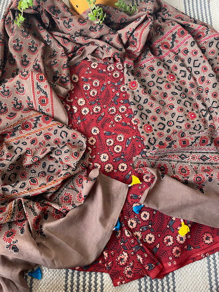 2 piece set - Ajrakh handblock cotton kurta with cotton dupatta