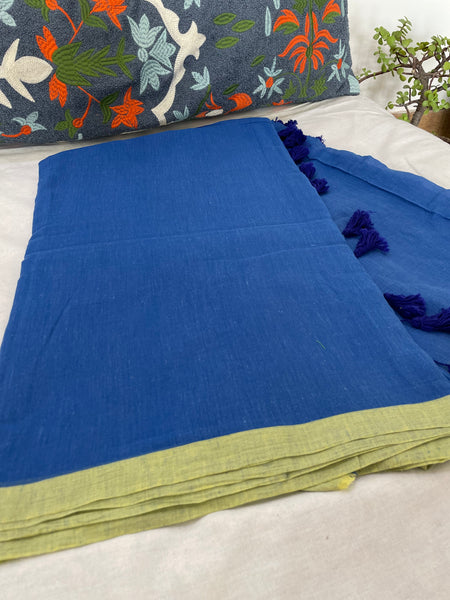 Plain Mul Cotton Saree - Blue & Green