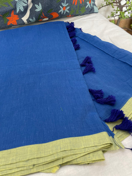 Plain Mul Cotton Saree - Blue & Green