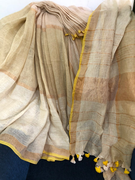 Handwoven linen stripes saree - Sunset Mix