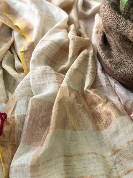 Handwoven linen stripes saree - Sunset Mix