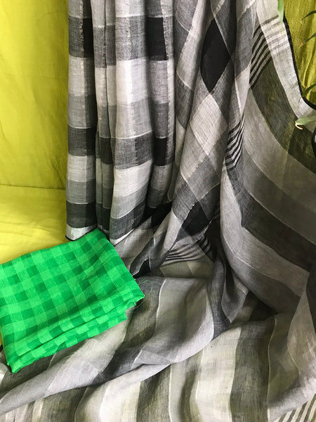 Handwoven linen black & white plaids saree