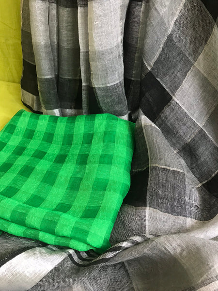 Handwoven linen black & white plaids saree
