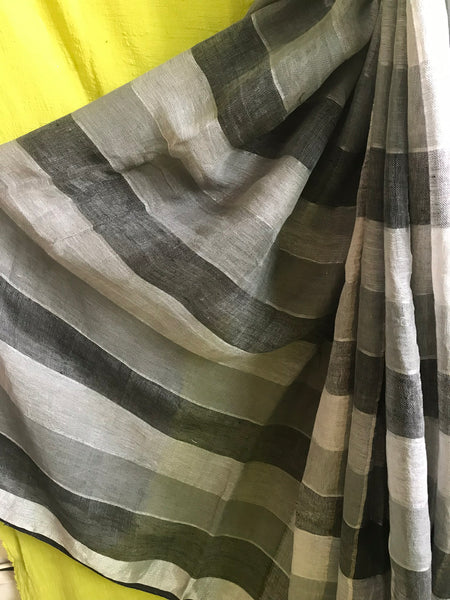 Handwoven linen black & white plaids saree