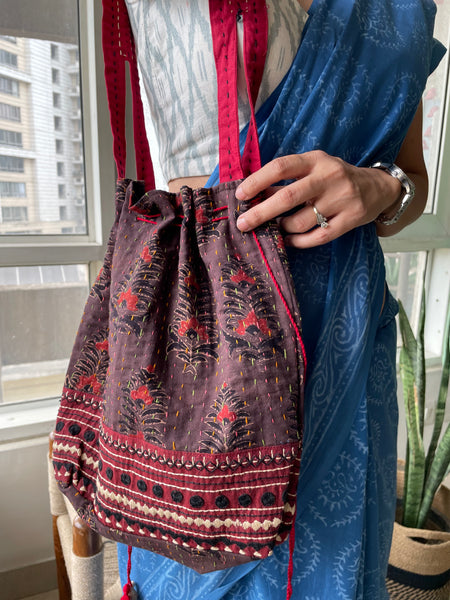 Ajrakh blockprinted Cotton Embroidered Potli Style Bag
