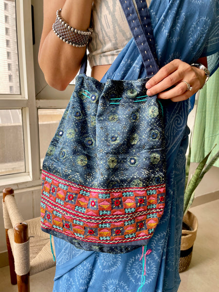 Ajrakh blockprinted Mashru Silk Embroidered Potli Style Bag