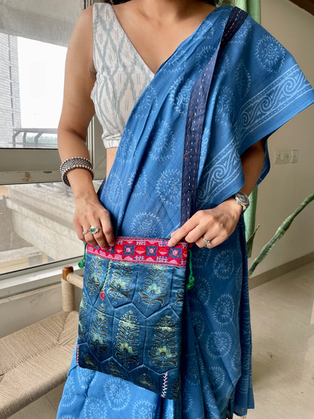 Ajrakh blockprinted Mashru Silk Embroidered Sling Bag