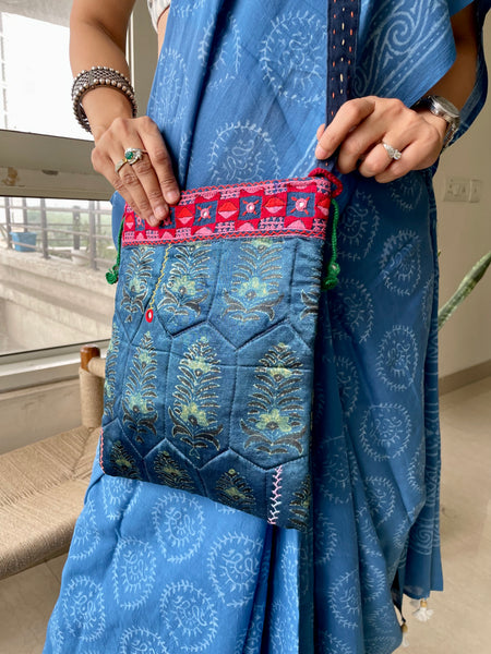 Ajrakh blockprinted Mashru Silk Embroidered Sling Bag