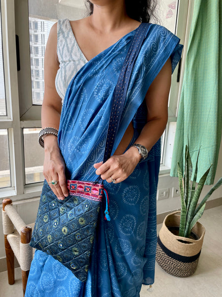 Ajrakh blockprinted Mashru Silk Embroidered Sling Bag