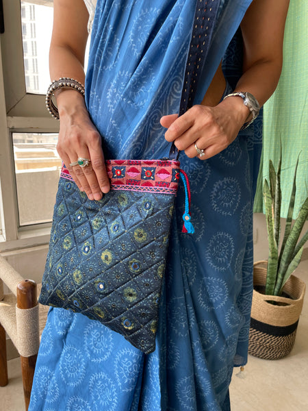 Ajrakh blockprinted Mashru Silk Embroidered Sling Bag