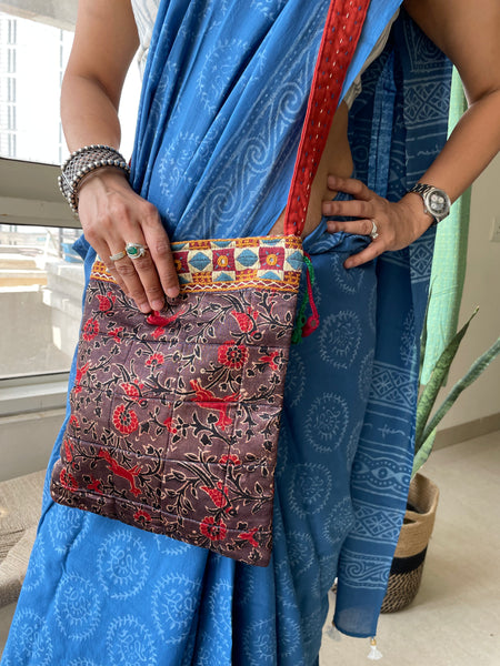 Ajrakh blockprinted Mashru Silk Embroidered Sling Bag