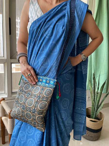Ajrakh blockprinted Mashru Silk Embroidered Sling Bag
