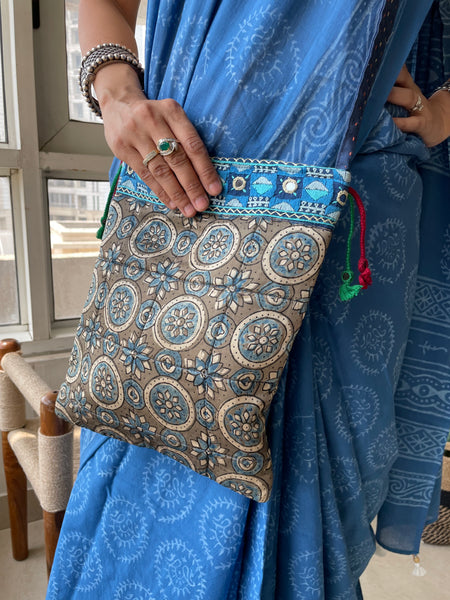 Ajrakh blockprinted Mashru Silk Embroidered Sling Bag