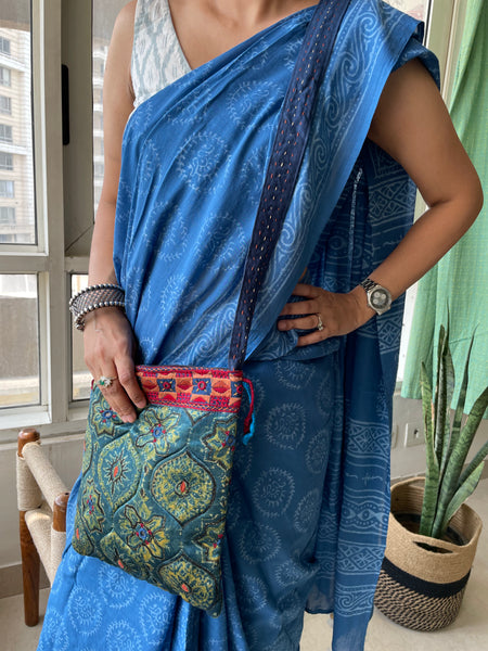 Ajrakh blockprinted Mashru Silk Embroidered Sling Bag