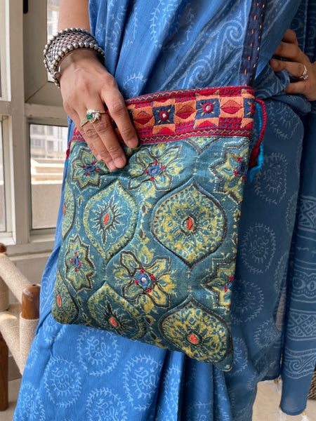 Ajrakh blockprinted Mashru Silk Embroidered Sling Bag
