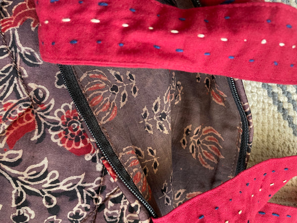 Ajrakh blockprinted Mashru Silk Embroidered Jhola