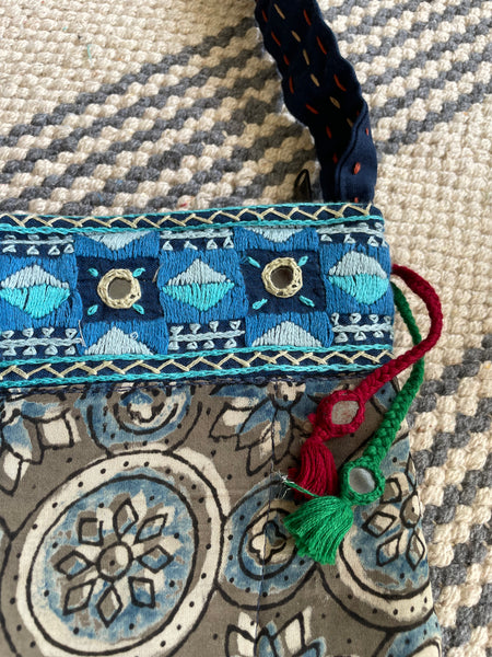 Ajrakh blockprinted Mashru Silk Embroidered Sling Bag