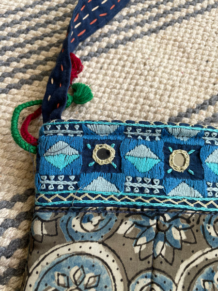 Ajrakh blockprinted Mashru Silk Embroidered Sling Bag