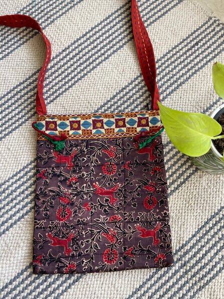 Ajrakh blockprinted Mashru Silk Embroidered Sling Bag