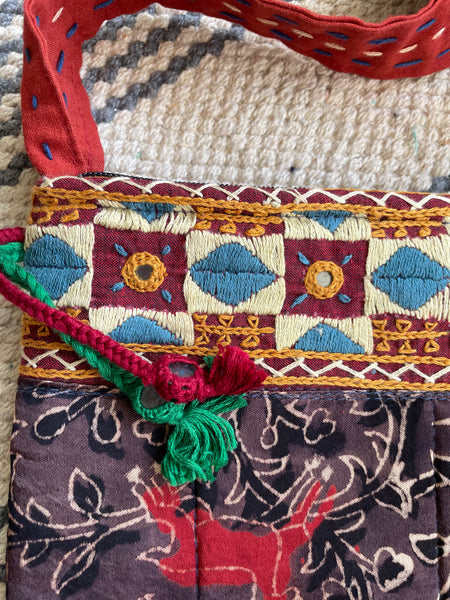 Ajrakh blockprinted Mashru Silk Embroidered Sling Bag