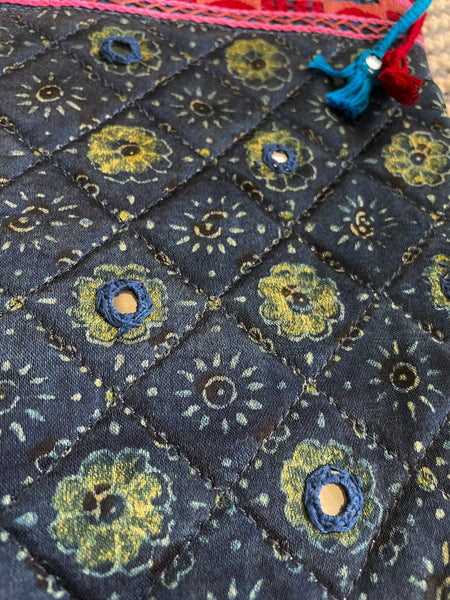 Ajrakh blockprinted Mashru Silk Embroidered Sling Bag