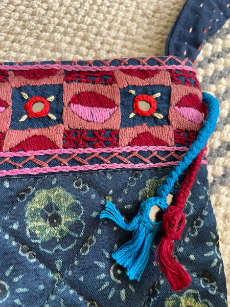 Ajrakh blockprinted Mashru Silk Embroidered Sling Bag