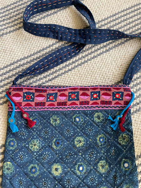 Ajrakh blockprinted Mashru Silk Embroidered Sling Bag