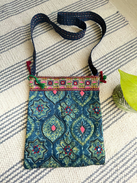 Ajrakh blockprinted Mashru Silk Embroidered Sling Bag