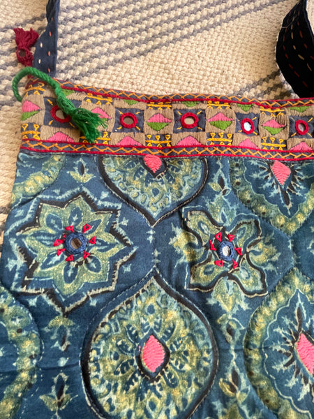 Ajrakh blockprinted Mashru Silk Embroidered Sling Bag