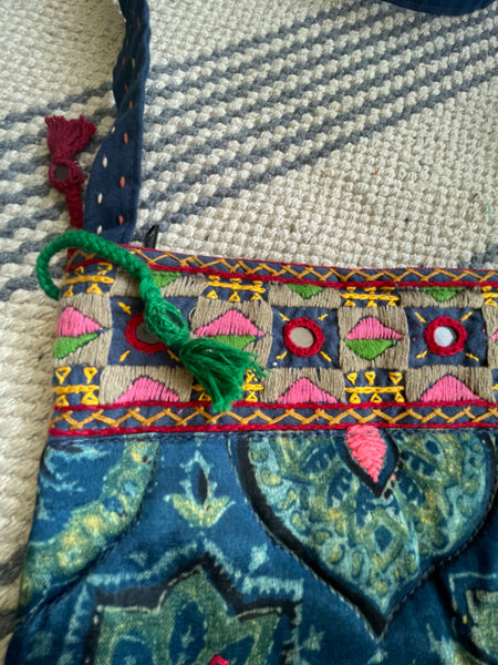Ajrakh blockprinted Mashru Silk Embroidered Sling Bag