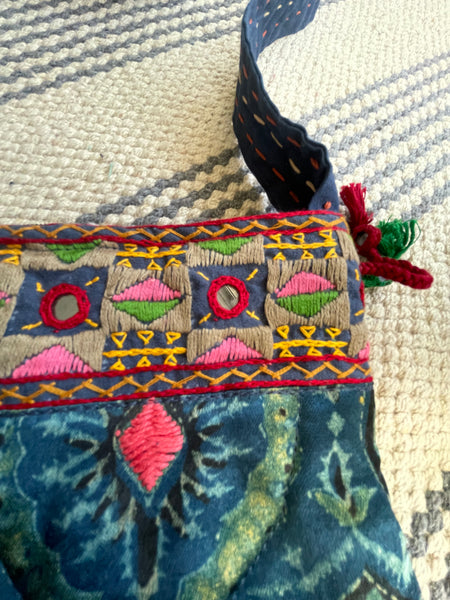 Ajrakh blockprinted Mashru Silk Embroidered Sling Bag