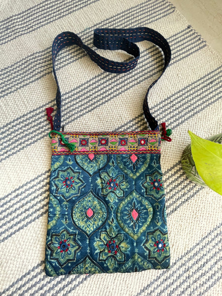 Ajrakh blockprinted Mashru Silk Embroidered Sling Bag