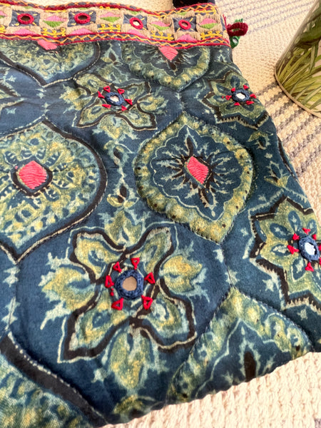 Ajrakh blockprinted Mashru Silk Embroidered Sling Bag