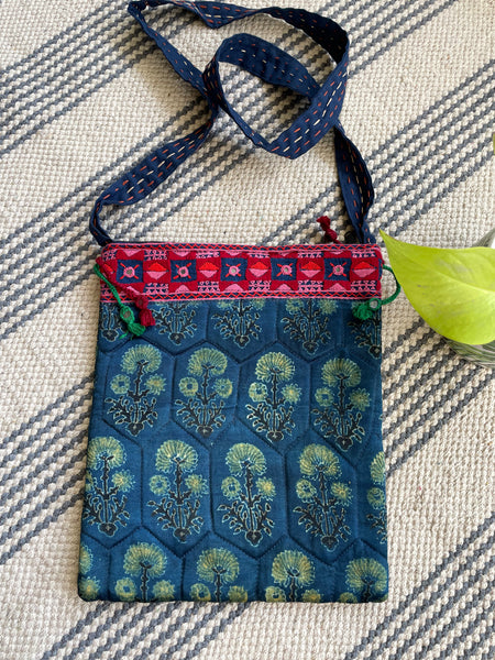 Ajrakh blockprinted Mashru Silk Embroidered Sling Bag