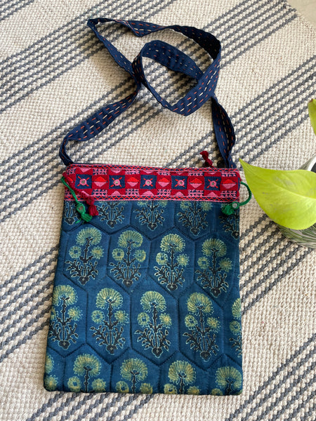 Ajrakh blockprinted Mashru Silk Embroidered Sling Bag