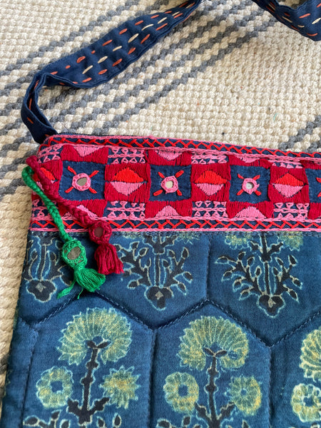 Ajrakh blockprinted Mashru Silk Embroidered Sling Bag