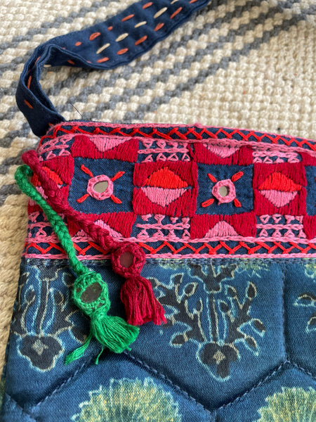 Ajrakh blockprinted Mashru Silk Embroidered Sling Bag