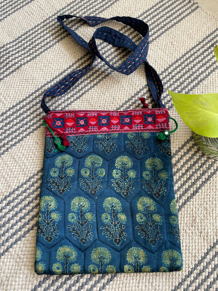 Ajrakh blockprinted Mashru Silk Embroidered Sling Bag