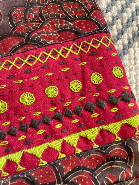 Ajrakh blockprinted Mashru Silk Embroidered Jhola