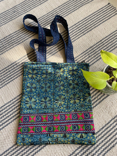 Ajrakh blockprinted Mashru Silk Embroidered Jhola
