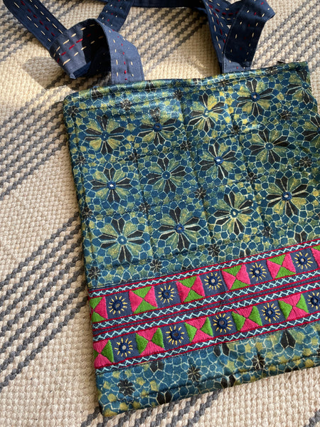 Ajrakh blockprinted Mashru Silk Embroidered Jhola