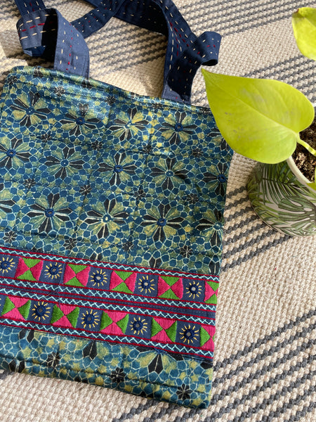 Ajrakh blockprinted Mashru Silk Embroidered Jhola